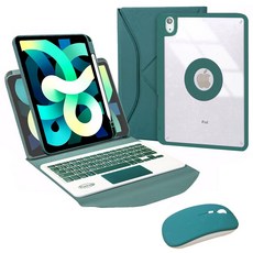 Powerway iPad Air5/Air4 (10.9吋) 專用藍牙鍵盤皮套保護殼組 (含同色無線滑鼠)，輕巧便攜，提升工作效率, 軍墨綠(綠鍵帽/綠滑鼠/綠色透明保護殼), 剪刀腳巧克力式鍵帽, PLT109TS綠