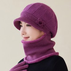 連體保暖帽 護耳圍脖帽 一體式 加厚毛線帽 戶外騎行 男女適用, 深皮紫, 1個