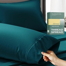 THREAD SPREAD 100 유기농 면 킹 사이즈 베개 커버 2개 세트 - 부드럽고 시원하며 빳빳하며 통기성이 좋은 퍼케일 직조 베개용(화이트) 정품 GOTS 인증46463, Teal