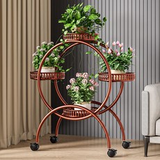 花架子 客廳落地 陽台置物架 庭院多層植物架 鐵藝花盆架 收納展示架 防鏽耐用 居家裝飾, 紅銅色-加粗加厚4盆【送萬向輪】