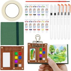 미니 휴대용 수채화 팔레트 세트 12가지 물감 나무 격자 페인트 상자 스케치북 마스킹 테이프 브러시 펜 및 바인더 클립 6개 포함 여행용 세트