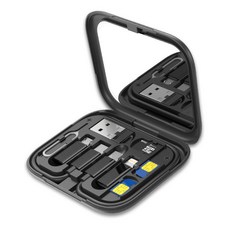 60W充電線收納盒，附化妝鏡、SIM卡槽、TF卡槽、USB轉接頭、Lightning轉接頭、安卓轉接頭、取卡針、手機支架，旅行必備, 1個, 升级款【六合一多功能數據線收納】暗夜黑