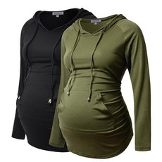 GINKANA 임산부 후디 긴소매 셔츠 캐주얼 임산부 상의 임산부 스웨트셔츠 캐주얼 의류 Gery With Black+Black XXL, 블랙+올리브 그린