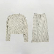 [디아미뇽] 코트 꽈배기 니트 롱 스커트 세트