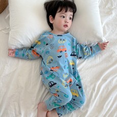 DFMEI 春秋兒童連體睡衣純棉寶寶睡袋分腿防踢被無骨男童女童卡通家居服, 藍汽車-套頭連體衣