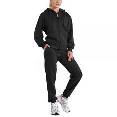 LeeHanTon 여성용 패션 투피스 의상 캐주얼 셰르파 안감 지퍼 후디 및 스웨트팬츠 라운지웨어 조거 세트 포켓 포함 블랙 셰르파 안감