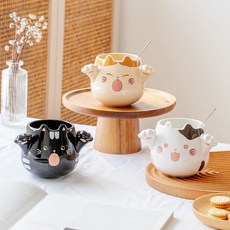 BLOWFISHFUGU 고양이 입체 머그컵 캐릭터 도자기 컵 카페 머그컵 아침 우유 컵, 1개, 블랙+화이트+옐로우