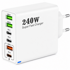 240W 접지 초고속 충전기 6포트 3USB+3PD 적용애플 아이폰 아이패드 삼성 갤럭시 픽셀 고속 전원 어댑터, 1개, 흰색