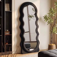 網紅同款 波浪全身鏡 ins風 穿衣鏡 立式家用落地鏡, 雙圓波浪-奶茶色【高清防爆】,160cm*60cm+支架