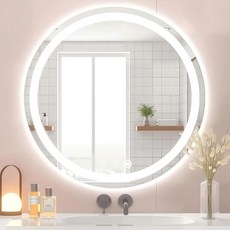 조명이 있는 LED 욕실 거울 김서림 방지 및 삼색 조명 - 터치 센서가 벽걸이 면도 방수 스마트 배니티 강화 유리 조광 가능24인치 L x 24인치 W, 24"L x 24"W