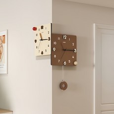 YAPOGI 무소음 양면 코너 벽시계 심플 인테리어, 크림&호두색