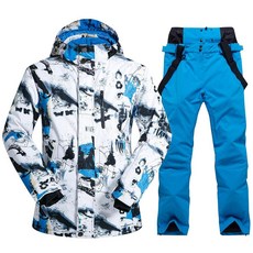 남성용 스키 재킷 및 바지 세트 수트 겨울 방수 방풍 후드 스노우 코트 2피스 스노우보드 스노우수트 블루+블루. 287742
