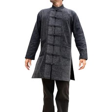 Svenine 중국풍 롱 자켓 허리 주머니가 있는 핸드메이드 쿵푸 타이치 셔츠 스톤워시 - 블랙 Medium