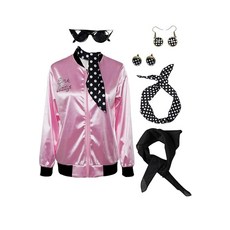 Lixinya 여성용 50년대 핑크 새틴 재킷 넥 스카프 할로윈 코스프레 코스튬
