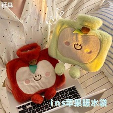 臺灣-出貨【秋冬款熱銷】可愛蘋果熱水袋註水防爆暖手學生宿捨冬季加厚學生毛絨寶寶暖水袋, 1個, 卡通款-綠蘋果,2000ml注水式丨【安全防爆丨持久保溫