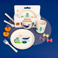 5구 유아 식판 유아식기 캐릭터 이유식 식기, 1개, 접시2p+컵+숟가락+포크, 고래