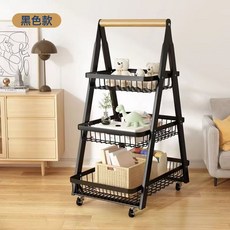家用多層置物架廚房落地式帶輪果蔬小推車收納架子臥室客廳儲物架, 1個, A字木扶手置物架-黑色