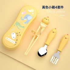 DIU 兒童訓練筷寶寶學習筷子練習小孩兒童餐具叉勺筷套裝, 1個, 如圖, 活力橙小雞學習筷+勺+叉+盒