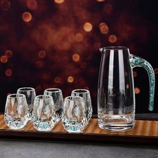 玻璃白酒分酒器 一壺六杯 含綠松石把手及圓肚杯 附刻度, 1個, 綠石把分酒器 一壺六杯 +綠松石圓肚杯
