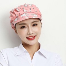 廚房帽子女，米熊印花，防油煙防塵防掉髮透氣鬆緊工作帽, 粉兔子