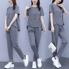 AOKADA 여성 반팔 티셔츠 와이드 팬츠 트레이닝 츄리닝 캐주얼 투피스 상하의 세트