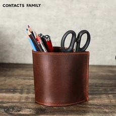 創意圓形真皮筆筒手工製作辦公文具用品收納盒桌面擺件筆盒