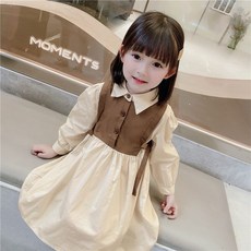 韓系女童假兩件長袖襯衫裙 兒童公主洋裝