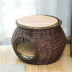 고양이라탄바구니 펫하우스 고양이 애견동굴집, 대형 높이 37x너비 42 (6kg 이하), 1개, 커피색 쿨링 2개 부드러운 쿠션 2개