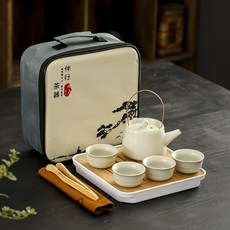 事事如意旅行茶具米黃汝窯復古陶瓷戶外可攜式快客杯功夫伴手禮, 1個, 四方包園杯四杯黃汝提梁壺:如圖所示419