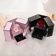 破損包賠 首飾禮盒 520七夕情人節雙插盒浪漫禮盒特種紙雙開門首飾禮玫瑰花口紅生日, 禮盒+香皂花+放項鏈的海綿,黑色雙拼色, 1個