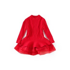 紅色針織長袖蓬蓬裙，可愛女童秋冬連衣裙，柔軟舒適保暖時尚