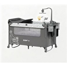 ULOP嬰兒搖床雙層萬向輪搖擺款，附豪華置物架、宮廷式蚊帳、護脊床墊, 線條恐龍