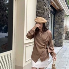 투니스 여성 패션 슬림핏 사이드 리본 단색 셔츠
