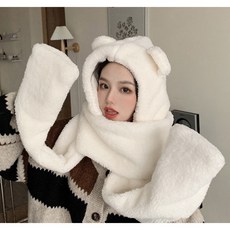 JOJO 升級款 毛絨小熊連帽圍巾 溫暖少女可愛泰迪熊 羊羔毛絨小熊造型兩用帽子手套圍巾