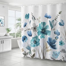 ZCHOMI 핑크 레드 꽃무늬 샤워 커튼 수채화 꽃 잎 나비 우아한 욕실 방수 폴리에스터 원단 목욕 182.9 x 182.9cm(72 72인치) 후크 1_165512, 틸 블루_165512