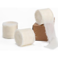 허스푸노프 더스티 블루 핸드메이드 쉬폰 리본 1.5인치 x 3롤 총 24야드 프린지 실크 청첩장 포장 신부 부케 DIY 공예품 홈 데코 등 다양한 용도로 사용할 수 있습니다, Ivory, Ivory