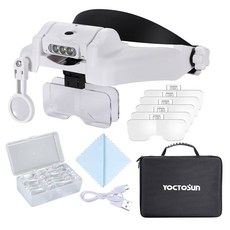 YOCTOSUN 돋보기 가벼운 1X-14X 보관 위한 DS-42 핸즈프리 헤드밴드 LED 보석류를 작업 케이스가 돋보기 공예 돋보기 근접 헤드 렌즈와 재봉 있는 충전식, Headband Magnifier 1x-14x With, 1개