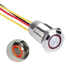 16mm 방수 IP67 순간 금속 푸시 버튼 스위치 대전류 10Amp 12V 24V 120V ON-OFF 1NO(5/8" LED 조명 없이 와이어 장착 구멍 포함), 16mm Latching, Silver Shell/Red