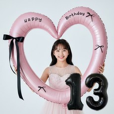 연지마켓 생일 하트프레임풍선 블랙 숫자 생일파티 용품 세트 (자유레터링), 1세트, 핑크하트 숫자 13