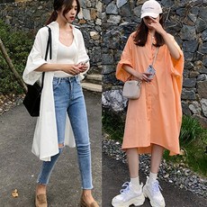 HeyShu 女款夏季寬鬆短袖襯衫式長版連身裙