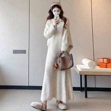 임산부 세트 가을 겨울 고급스러운 니트 임부복 패션 플라워 상의 + 루즈핏 니트 스커트 투피스 LJX