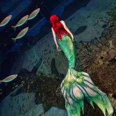 美人魚尾巴訓練教學海洋館表演潛水寫真泳衣尾巴彈力面料, 熒光綠尾巴上衣兩件套