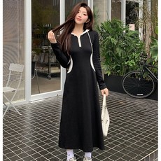 투니스 여성 반집업 배색 후드 슬림핏 롱 원피스