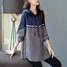 여성용 후드 스트라이프 패치 루즈핏 맨투맨 긴팔 톱 티셔츠 뉴타임즈F902 Women's T-shirt