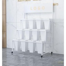 花店花藝鮮花塑料花桶架室內外帶輪可移動帶廣告牌鐵藝輕奢展示架層架 置物架 花架, 1個, 一層x3白架白桶【含3白桶】,大