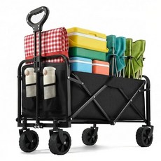 PASAMIC 접이식 왜건 99.8kg(220파운드) 튼튼한 카트 접이식 식료품용 휴대용 왜건 모든 지형용 바퀴 및 음료 홀더가 있는 비치 카트 쇼핑 스포츠 캠핑을, 블랙