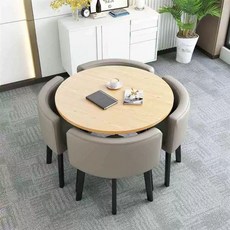 원탁 테이블 4인용 카페 A 사무실 휴게소 상담 탁자 의자 세트, AD. 워터커브 원형 테이블 밝은 회색 가죽 의자 80