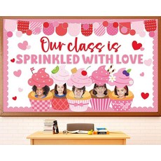 발렌타인 데이 게시판 컵케이크 사진 컷아웃 발렌타인 데이 교실 장식 핑크 하트 종이 컷아웃 학교 칠판 벽 문 용품 하트 장식, 발렌타인 데이 게시판 컵케이크 사진 컷아웃 발렌타인 데