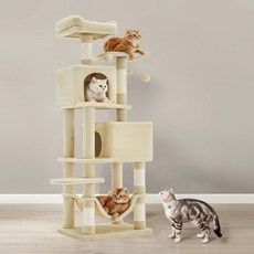 FEANDREA 고양이 튼튼한 다층 캣타워 스크래쳐 탑 라운지 숨숨집 해먹, 1개, 베이지