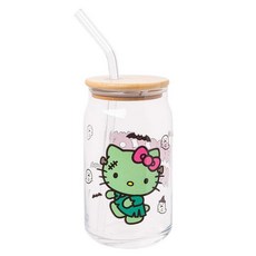Silver Buffalo Sanrio 헬로 키티와 친구들 유리 병 텀블러/대나무 뚜껑과 빨대 포함 473.2ml(16온스)/할로윈 으스스한 코스튬 유령 마녀 뱀파이어 좀비 프, 16온스, 헬로 키티 프랑켄슈타인
